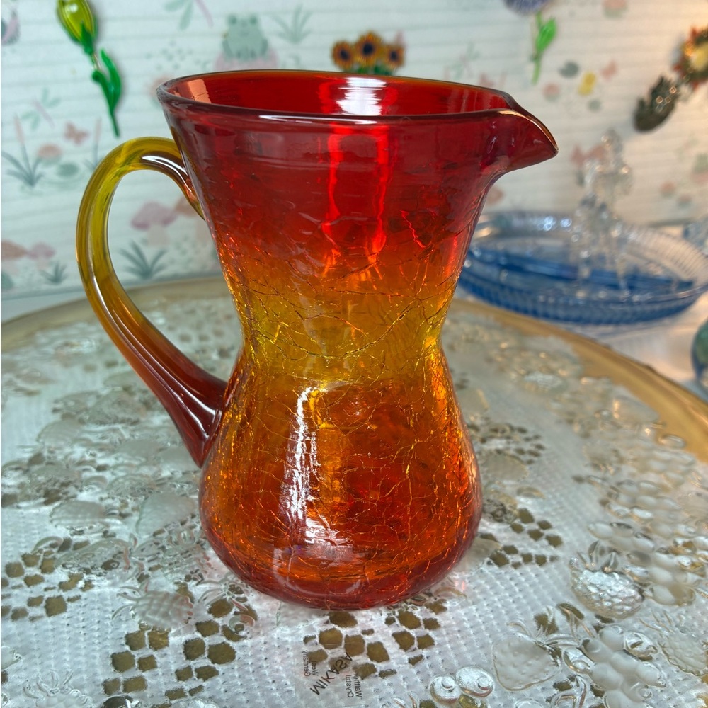 Amberina crackle glass mini pitcher